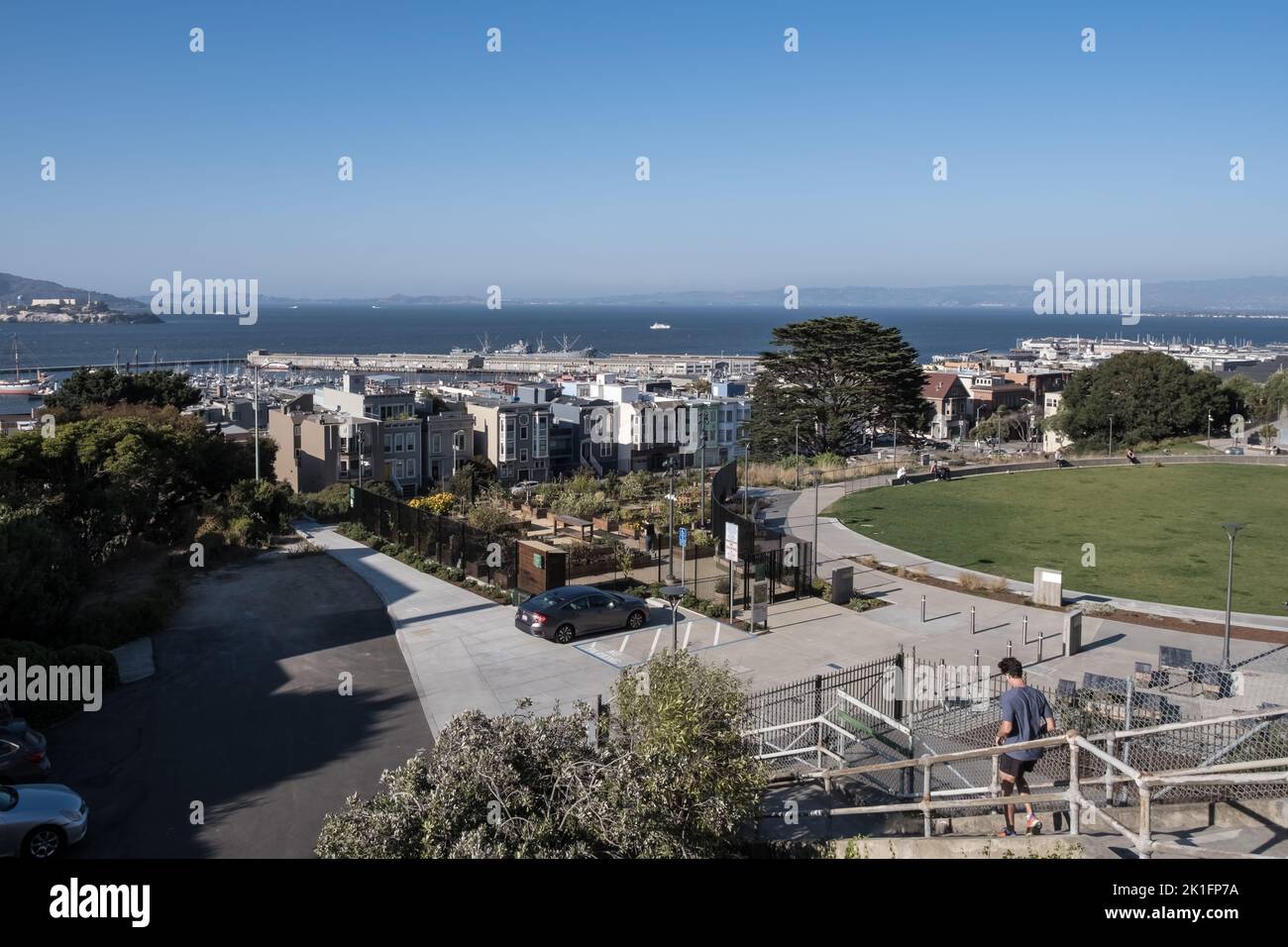 Seascape of the city of San Francisco, California, from Francisco Park,  a public park in the Russian Hill neighborhood opened on April, 2022. Stock Photo