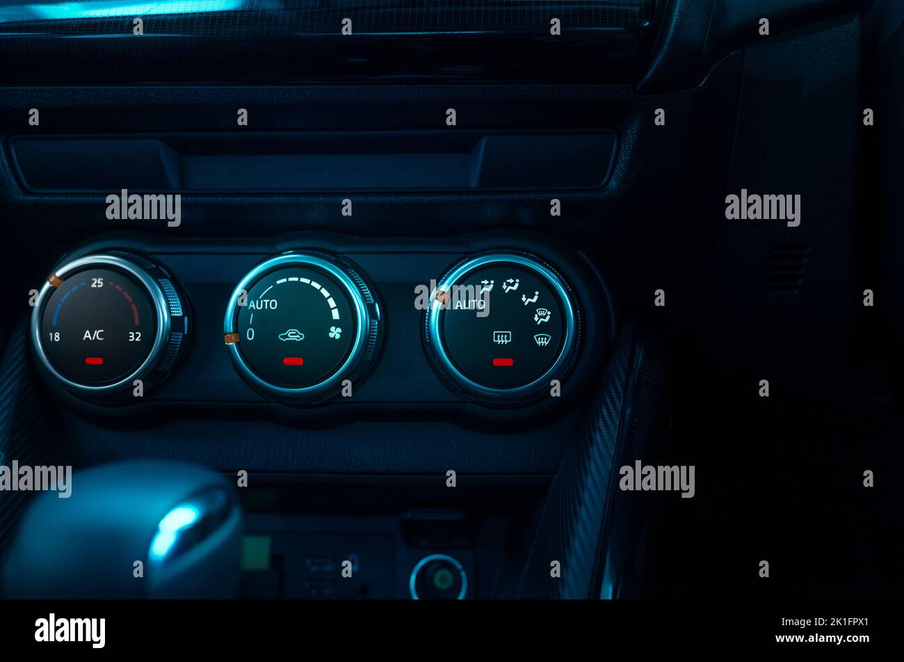 Climate control knob in modern car. Car air conditioner. Automobile air conditioning system. Car ventilation system. Ventilation system in vehicle. Stock Photo
