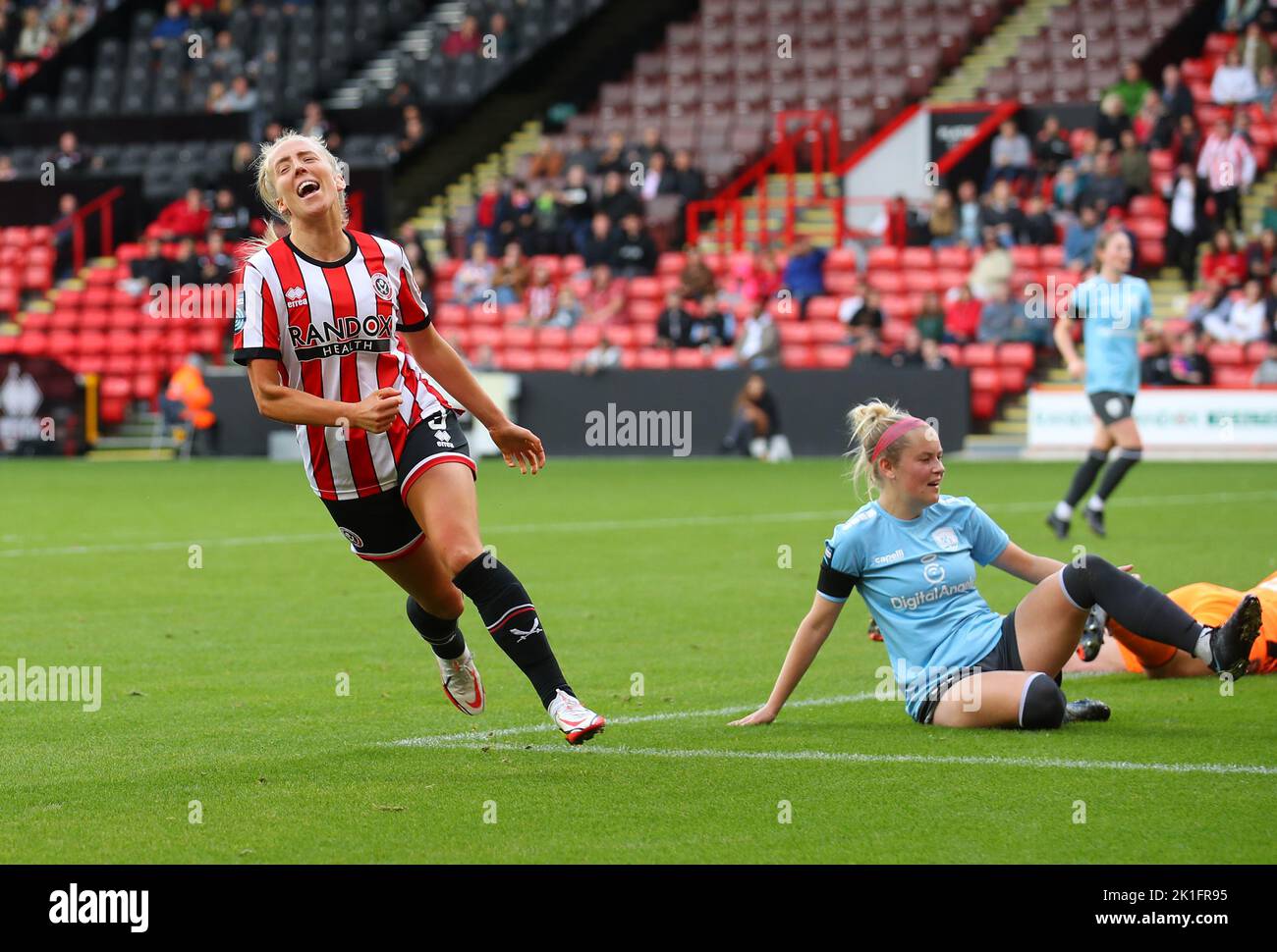 Sheffield, England, 18th September 2022.  Charlotte Newsham of Sheffield Utd celebrates scoring the fourth goal during the The FA Women's Championship match at Bramall Lane, Sheffield. Picture credit should read: Simon Bellis / Sportimage Stock Photo