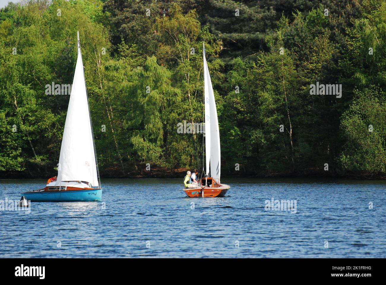 A pair of colorful sailboats surrounded by lush trees at the Six Lakes Plateau in Duisburg, Germany Stock Photo
