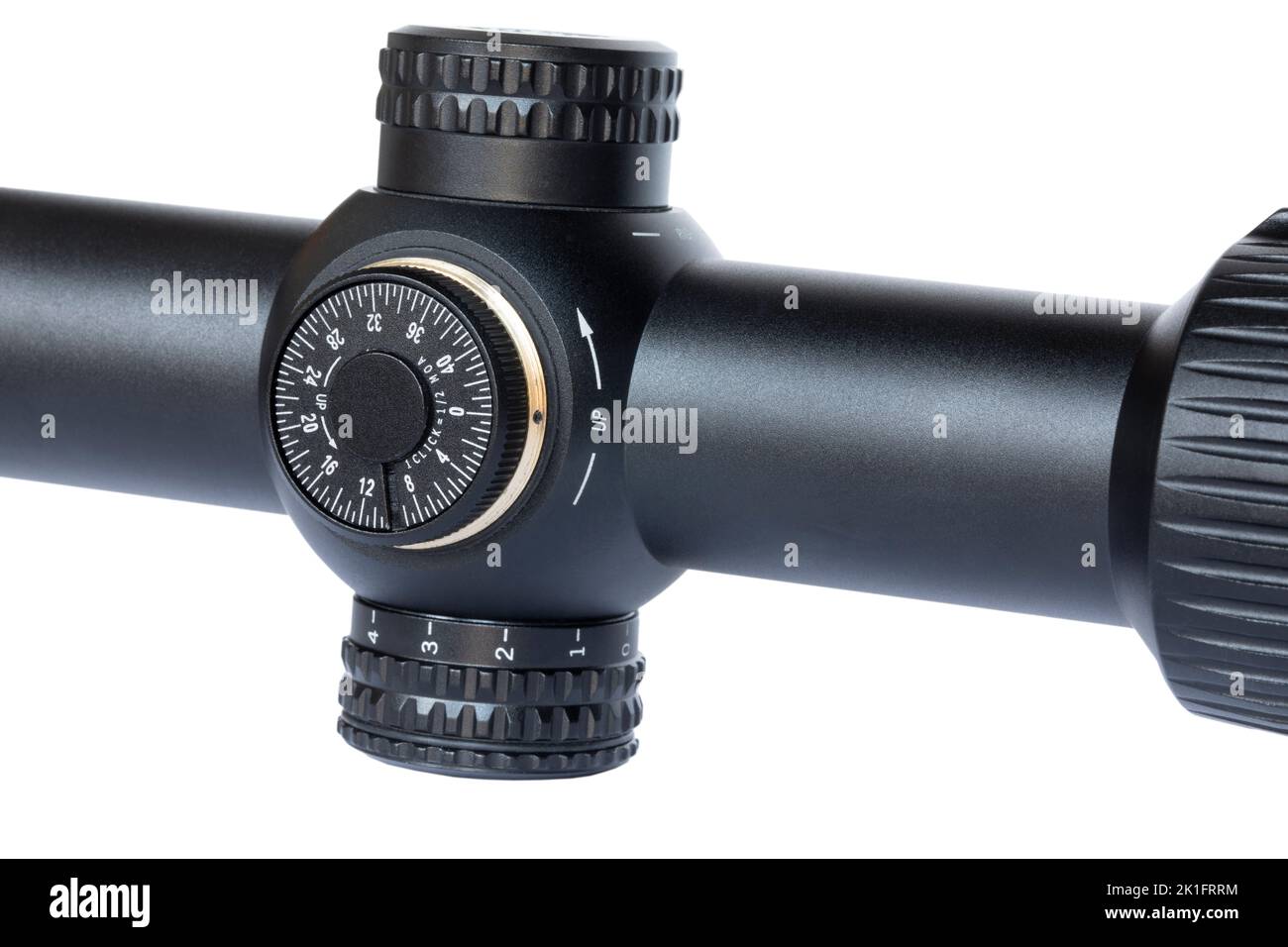 Adjustment dial for elevation on a rifle scope on a white background