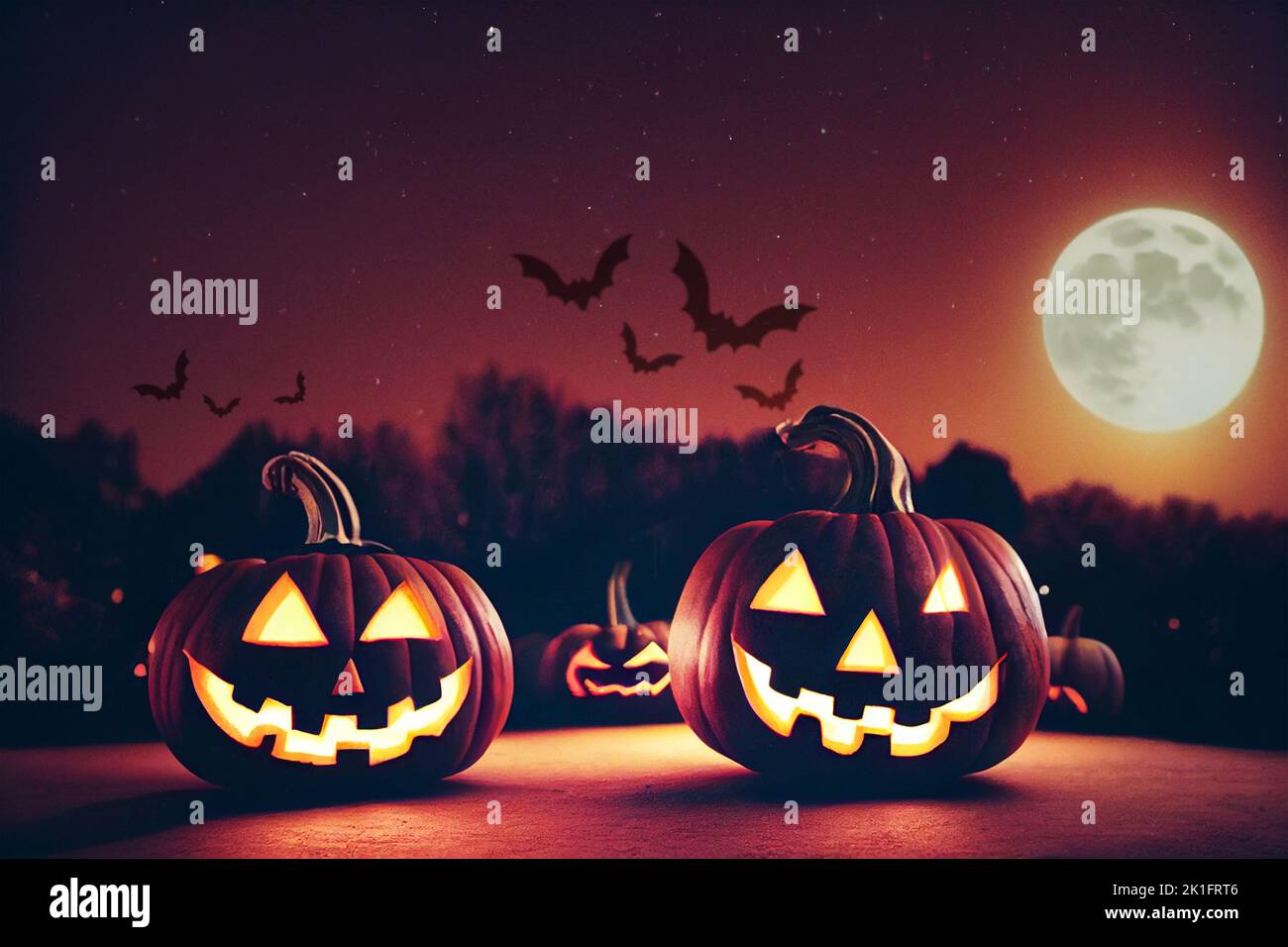 Halloween background. Creepy pumpkin jack o lanterns on a dark night ...