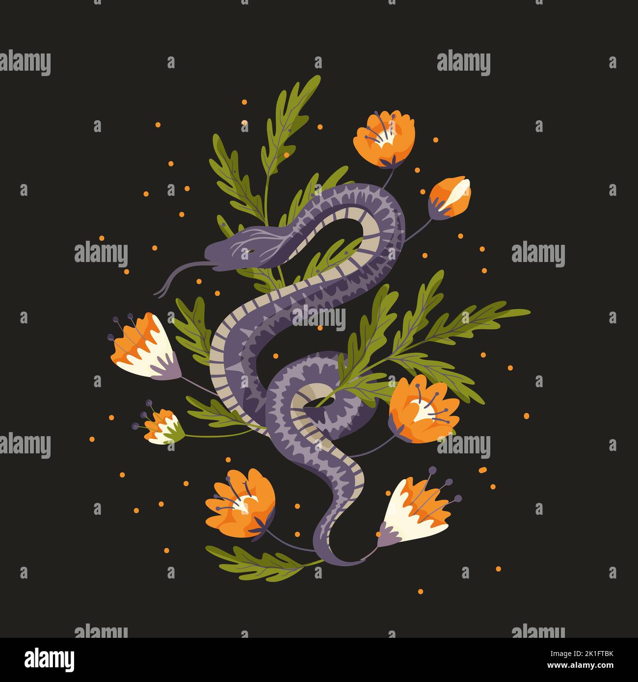 Snake floral background vector snake flower magic art. Animal card Stock Vector