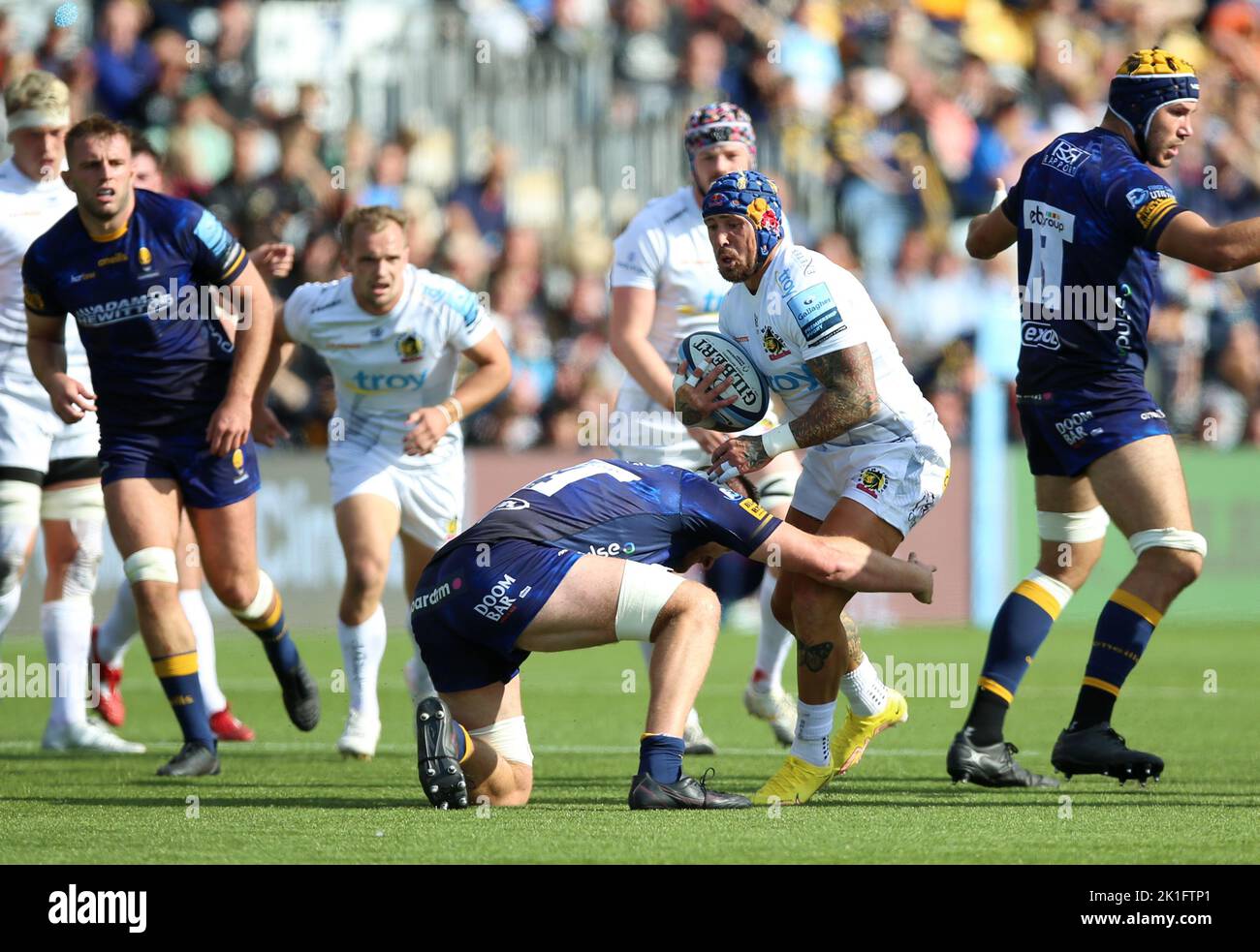 Exeter Chiefs' Jack Nowell tackled by Worcester Warriors' Jo Batley during the Gallagher Premiership match at Sixways Stadium, Worcester. Picture date: Sunday September 18, 2022. Stock Photo