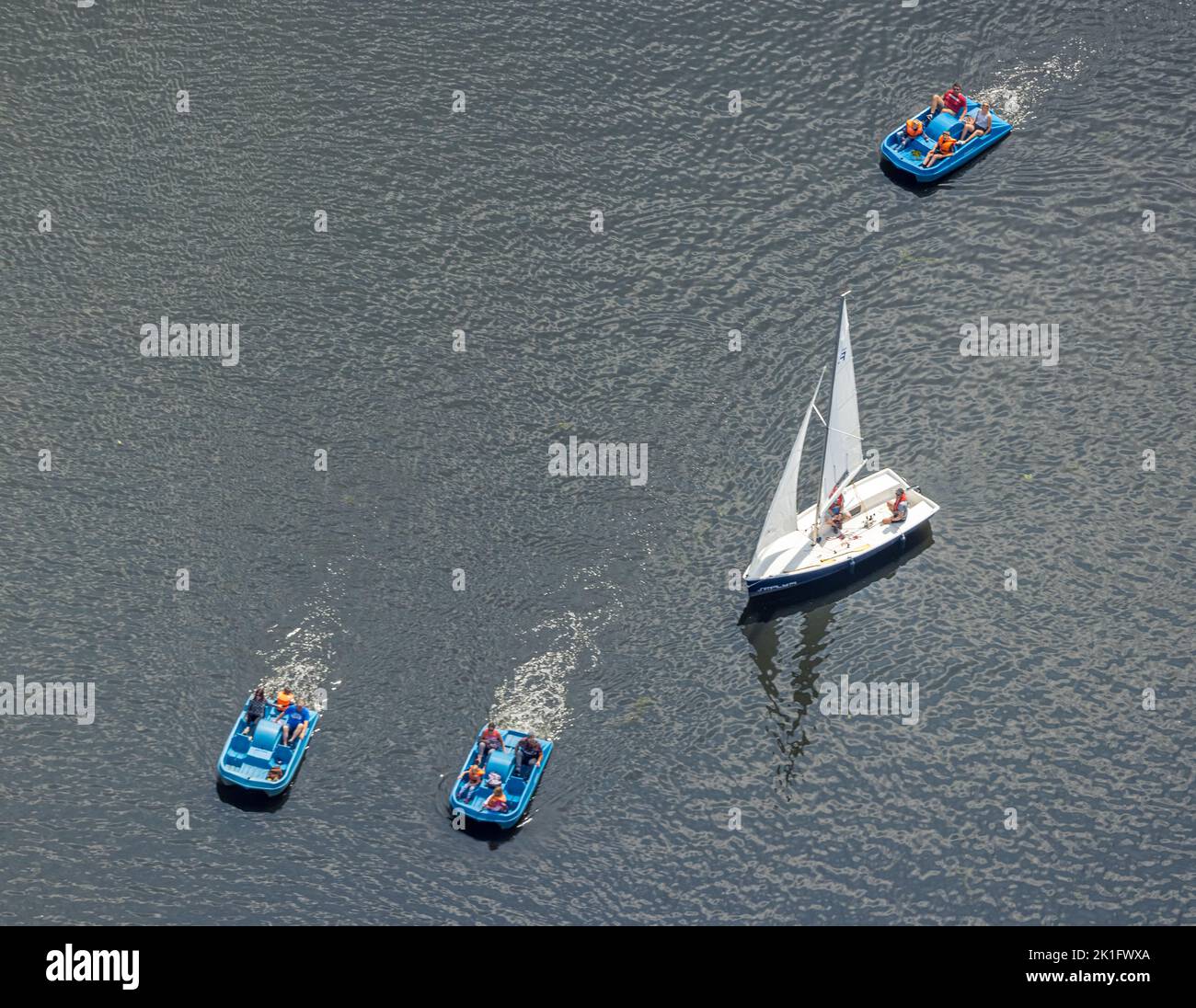 Aerial view, sailboat and pedal boats at Kemnader See, Querenburg, Bochum, Ruhr area, North Rhine-Westphalia, Germany, DE, Europe, Hafen Heveney, Kemn Stock Photo