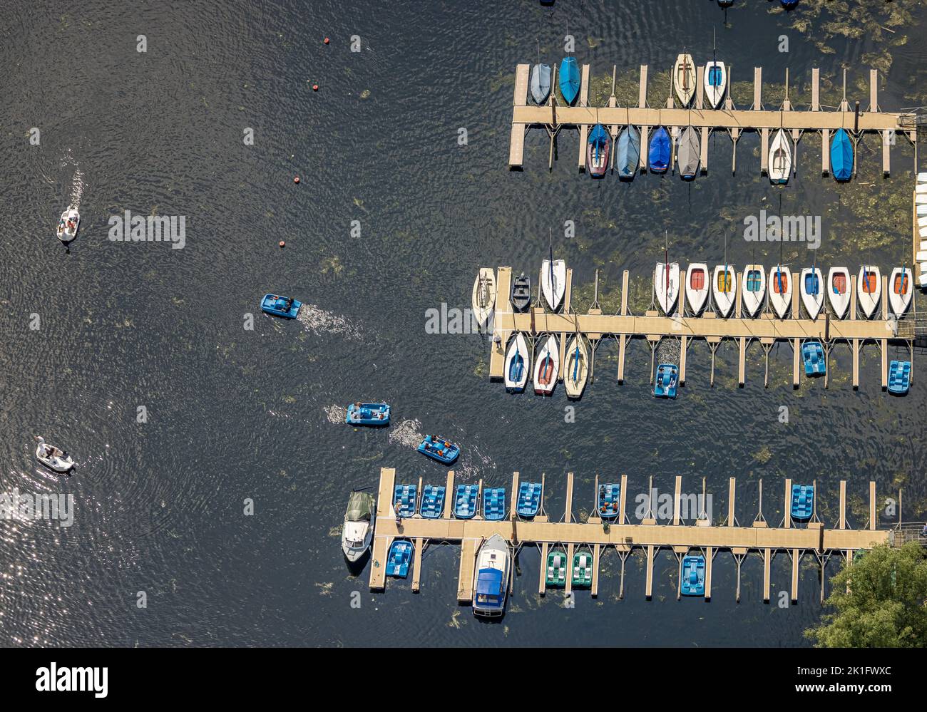 Aerial view, boat landing stage, pedal boats at Kemnader See in Heveney harbor, Querenburg, Bochum, Ruhr area, North Rhine-Westphalia, Germany, DE, Eu Stock Photo