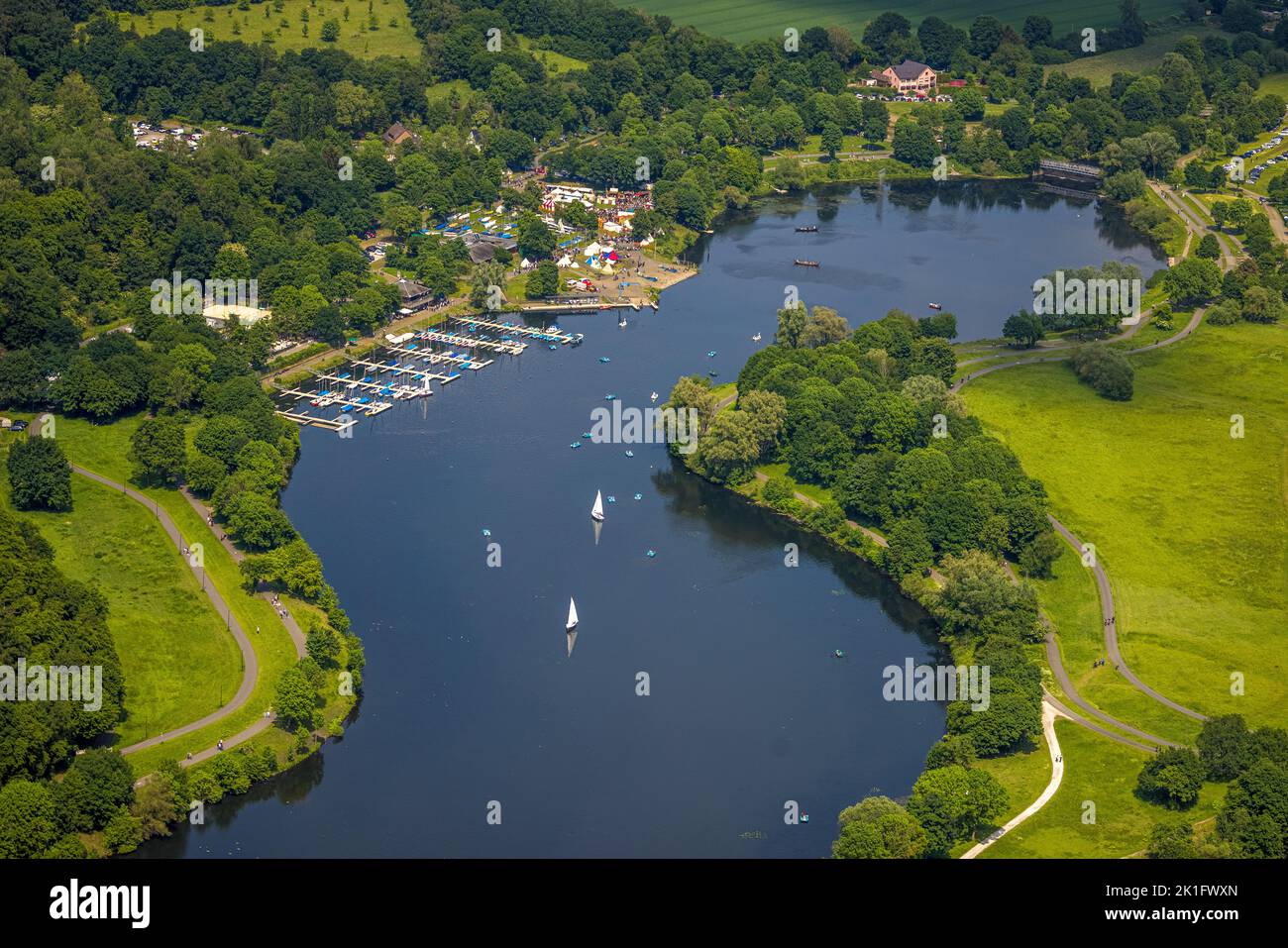 Aerial view, medieval spectacle, Viking festival at Kemnader lake in Heveney harbor, Querenburg, Bochum, Ruhr area, North Rhine-Westphalia, Germany, D Stock Photo