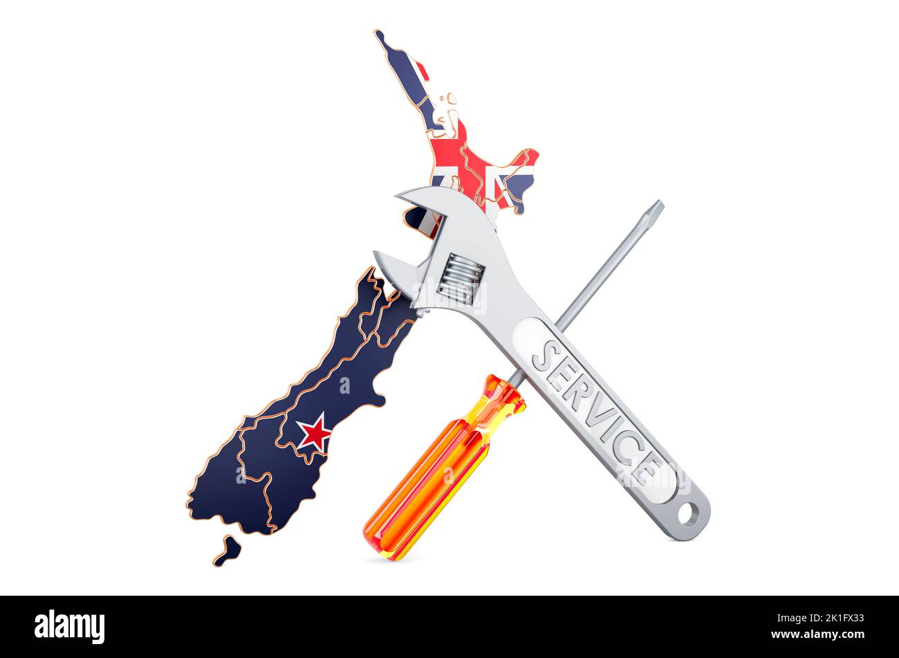 New Zealand map with screwdriver and wrench, 3D rendering isolated on white background Stock Photo