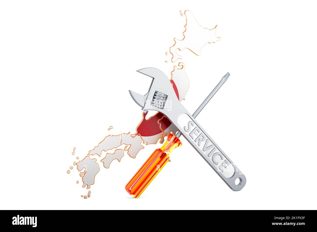 Japanese map with screwdriver and wrench, 3D rendering isolated on white background Stock Photo