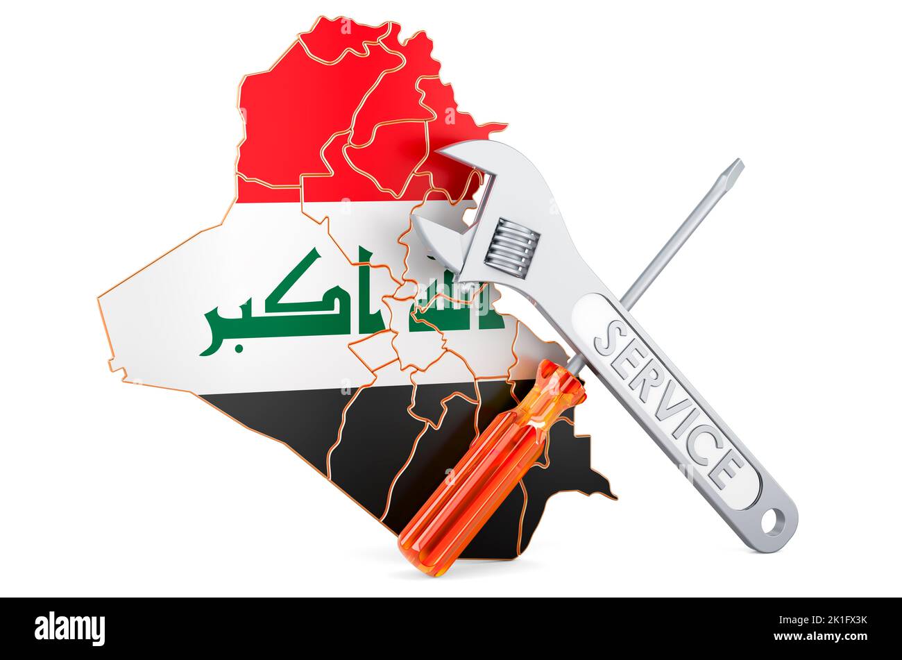 Iraqi map with screwdriver and wrench, 3D rendering isolated on white background Stock Photo