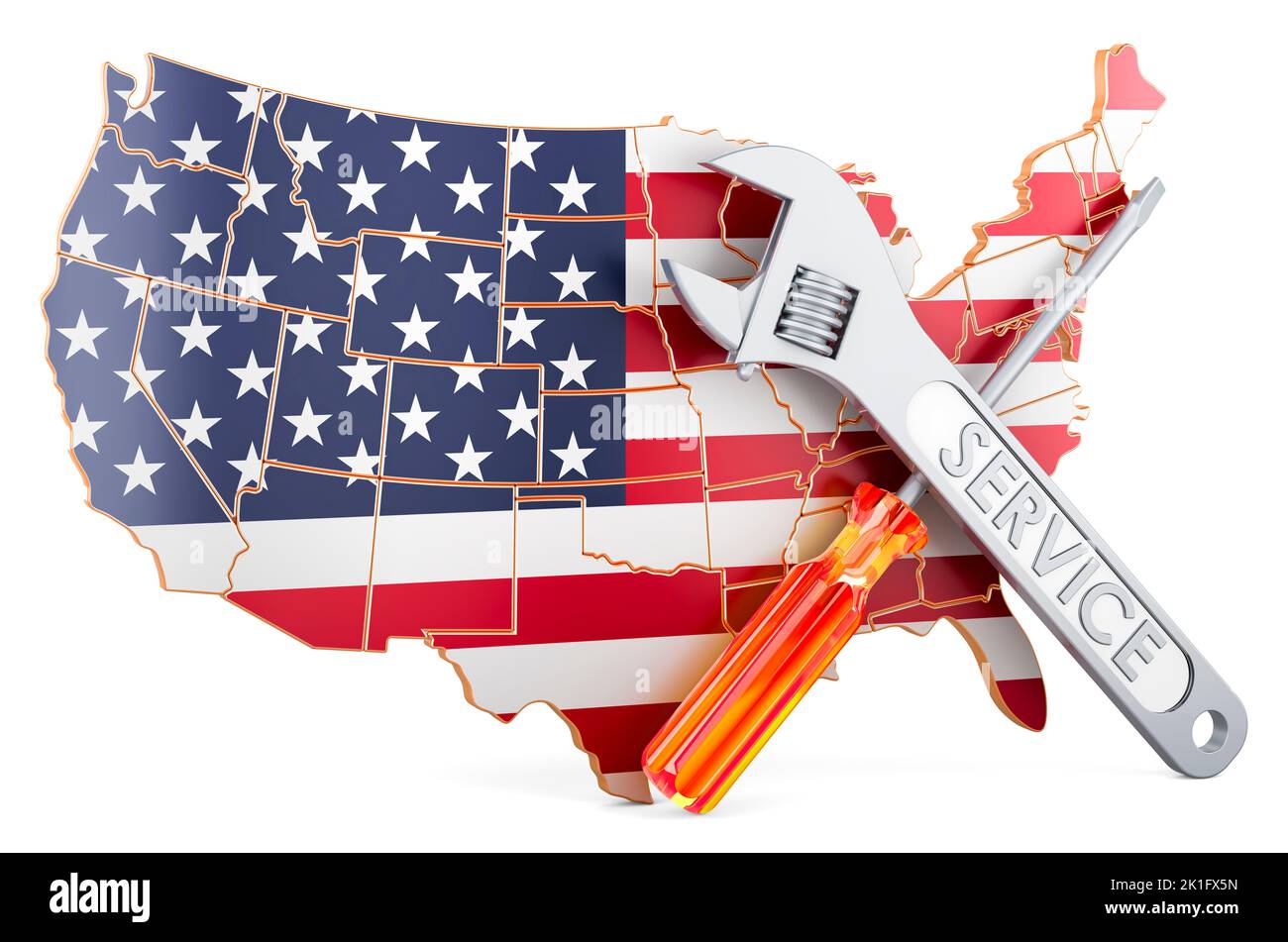 The United States map with screwdriver and wrench, 3D rendering isolated on white background Stock Photo