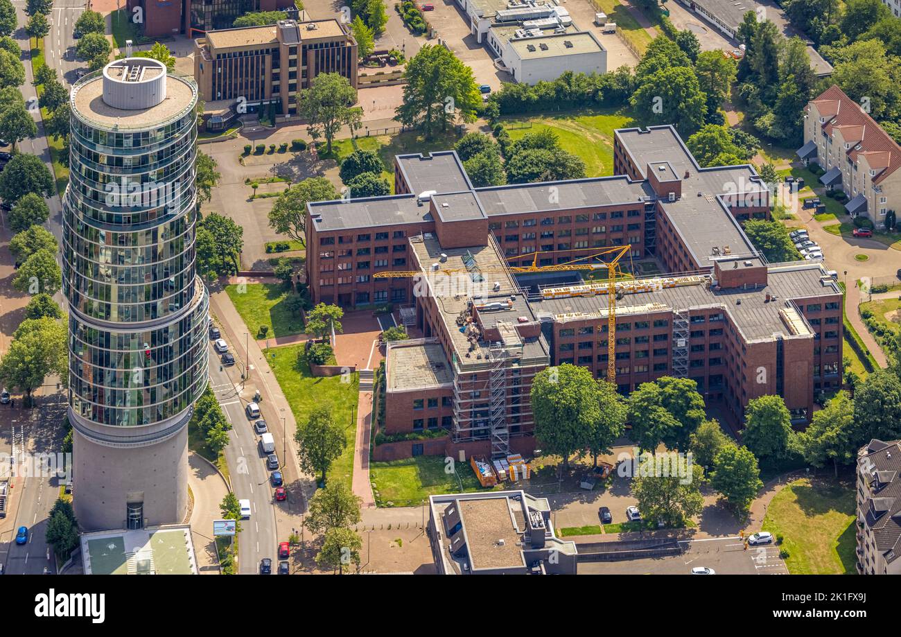 Aerial view, planned course cycle track RS1 Ruhrschnellradweg, Exzenterhaus Bochum office tower, construction site Agentur für Arbeit Bochum, Südinnen Stock Photo