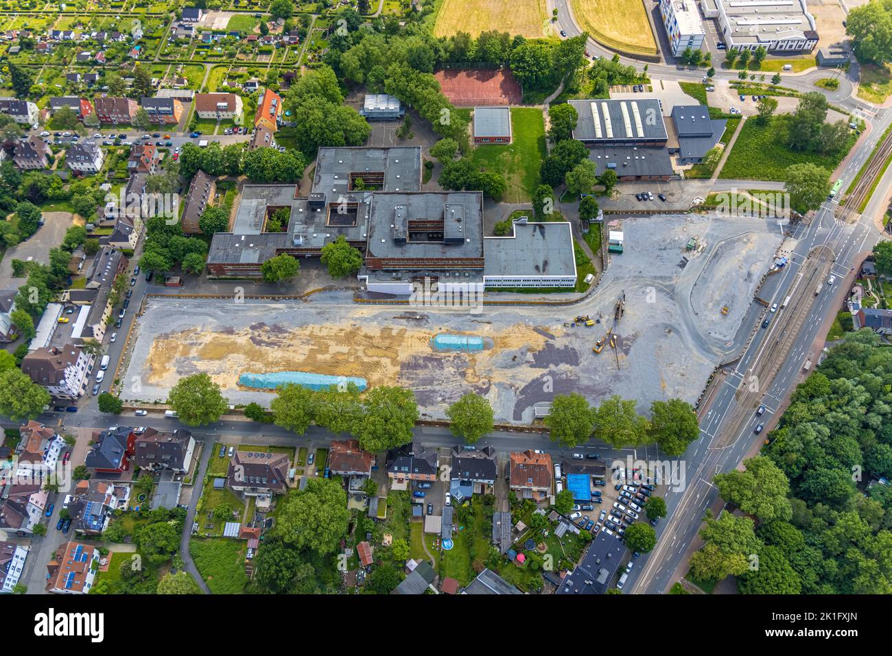 Aerial view, construction site school center Gerthe with AnneFrank