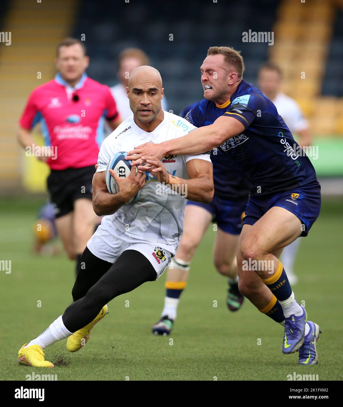 Exeter Chiefs' Olly Woodburn tackled by Worcester Warriors' Perry Humphreys during the Gallagher Premiership match at Sixways Stadium, Worcester. Picture date: Sunday September 18, 2022. Stock Photo