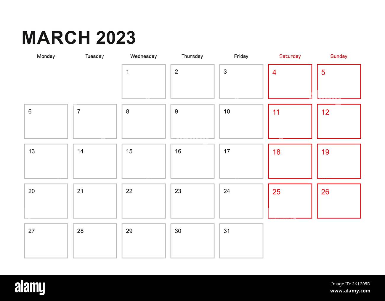 Wall planner for March 2023 in English language, week starts in Monday