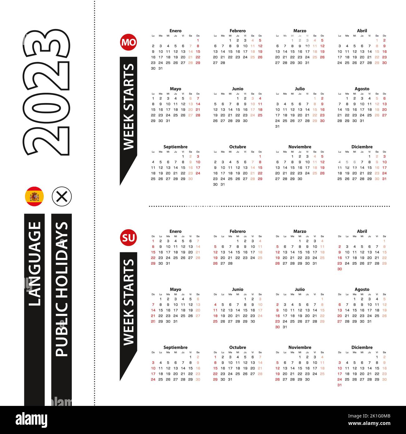 Two versions of 2023 calendar in Spanish, week starts from Monday and ...