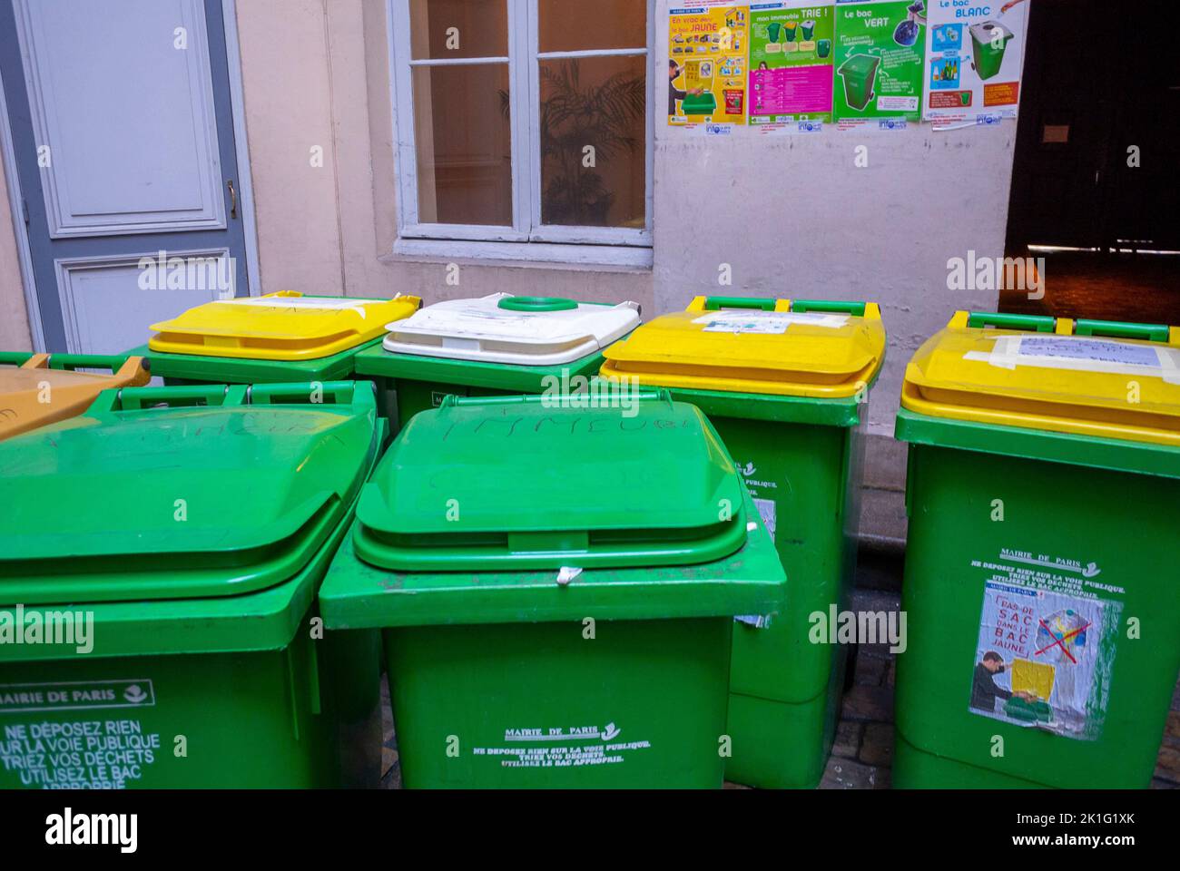 Paris, France, Recycle Garbage Bins in Apartment Building Courtyard, Housing Project, sorting