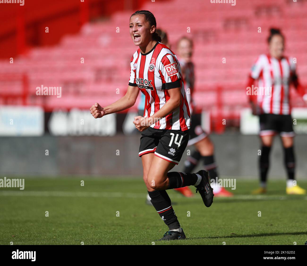Sheffield, England, 18th September 2022. Mia Enderby of Sheffield Utd celebrates scoring her second goal during the The FA Women's Championship match at Bramall Lane, Sheffield. Picture credit should read: Simon Bellis / Sportimage Stock Photo