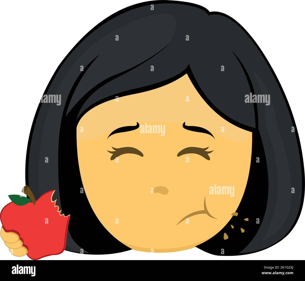 Vector emoji illustration of the face of a yellow cartoon woman eating an apple Stock Vector