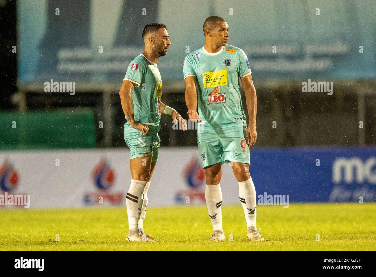 PATTAYA, THAILAND - SEPTEMBER 18: CAIQUE FREITAS RIBEIRO of Pattaya Dolphins United and DANILO LOPES CEZARIO of Pattaya Dolphins United  during the Thai League 3 East match between Pattaya Dolphins and Marines Eureka  at Nong Prue Stadium on September 18, 2022 in PATTAYA, THAILAND (Photo by Peter van der Klooster/Alamy Live News) Stock Photo