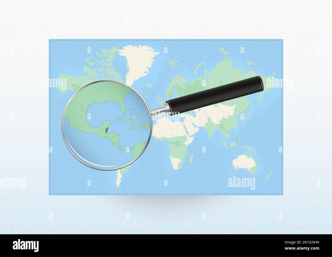 Map of the World with a magnifying glass aimed at Belize, searching ...