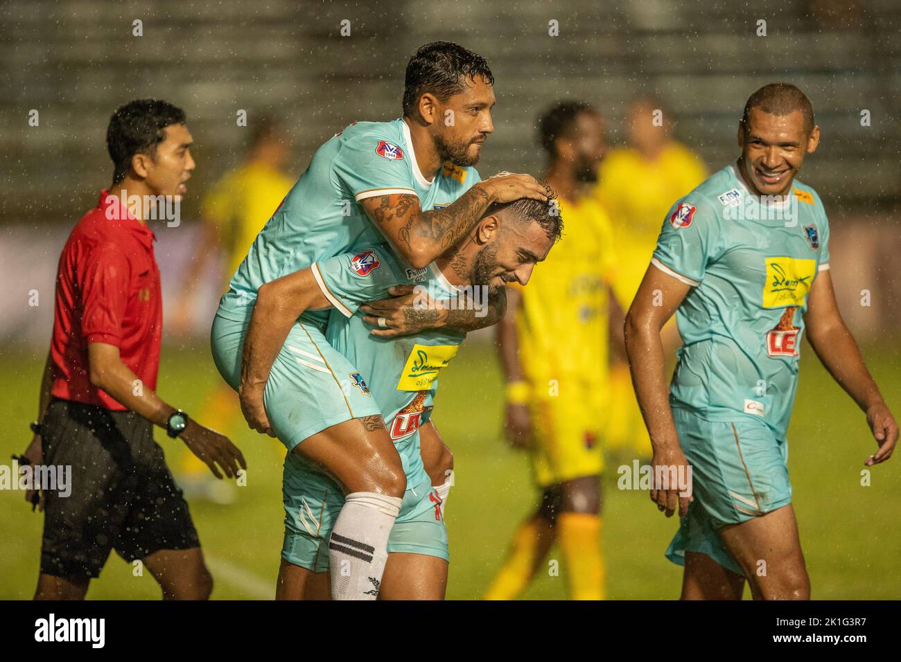 PATTAYA, THAILAND - SEPTEMBER 18:  ERIVELTO EMILIANO DA SILVA of Pattaya Dolphins United celebrates his goal with CAIQUE FREITAS RIBEIRO of Pattaya Dolphins United and DANILO LOPES CEZARIO of Pattaya Dolphins United during the Thai League 3 East match between Pattaya Dolphins and Marines Eureka  at Nong Prue Stadium on September 18, 2022 in PATTAYA, THAILAND (Photo by Peter van der Klooster/Alamy Live News) Stock Photo