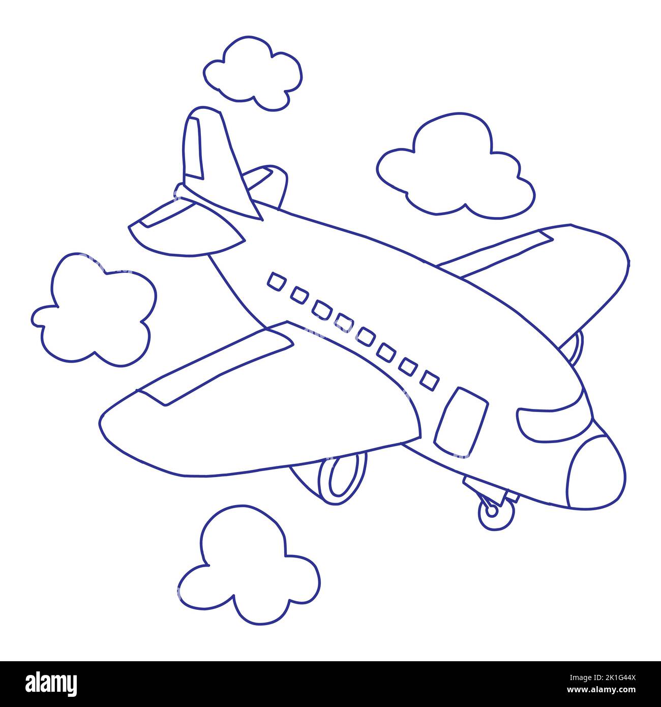 Cartoon doodle linear airplane isolated on white background. Sky transportation icon. Stock Photo