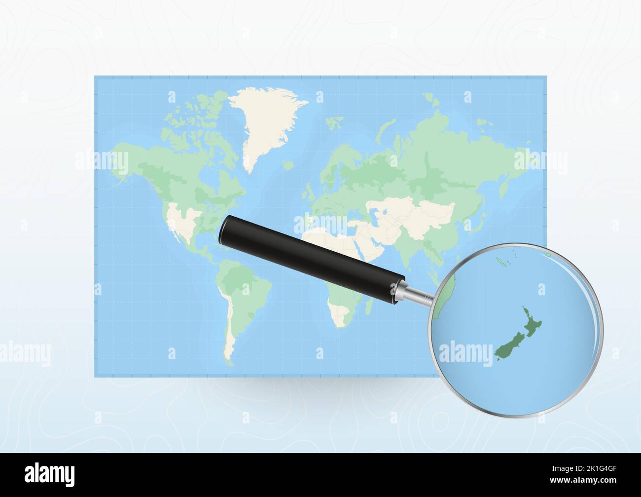 Map of the World with a magnifying glass aimed at New Zealand