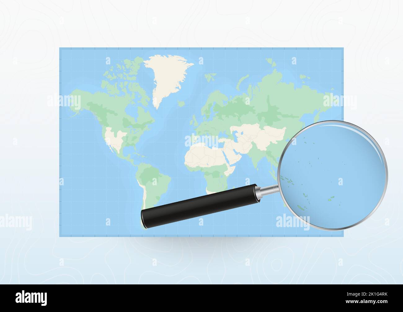Map of the World with a magnifying glass aimed at Tuvalu, searching ...