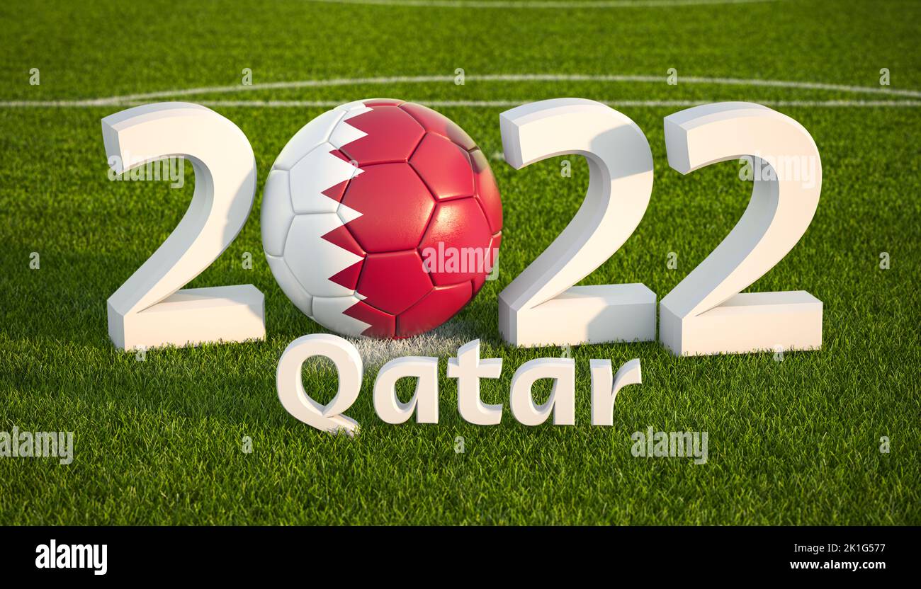 Soccer or football ball with flag of Qatar on the grass field of football stadium. 3d illustration Stock Photo