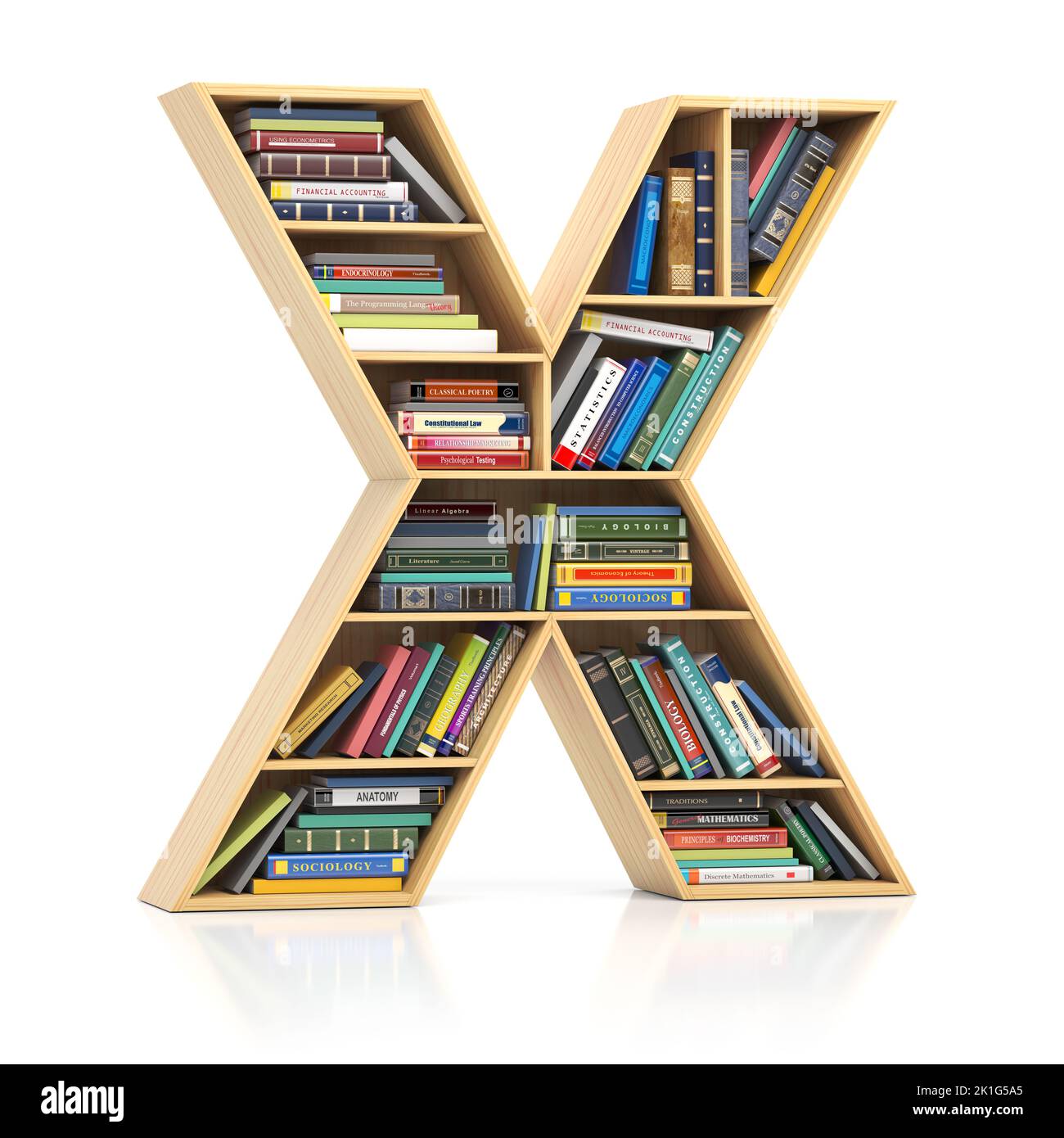 Letter X in form of bookshelf with book and texbooks. Educational and learning conceptual font and alphabet. 3d illustration Stock Photo