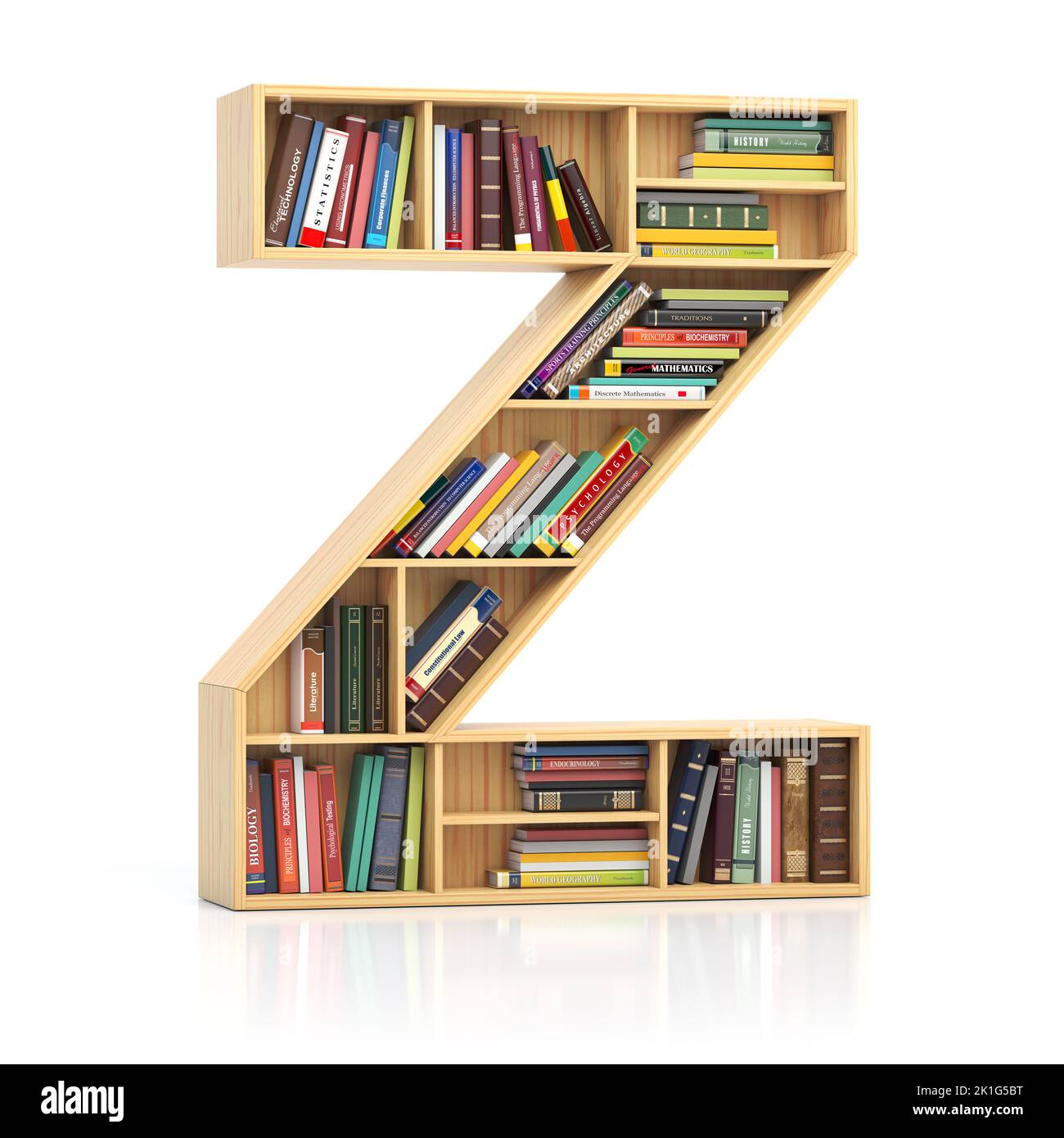 Letter Z in form of bookshelf with book and texbooks. Educational and learning conceptual font and alphabet. 3d illustration Stock Photo