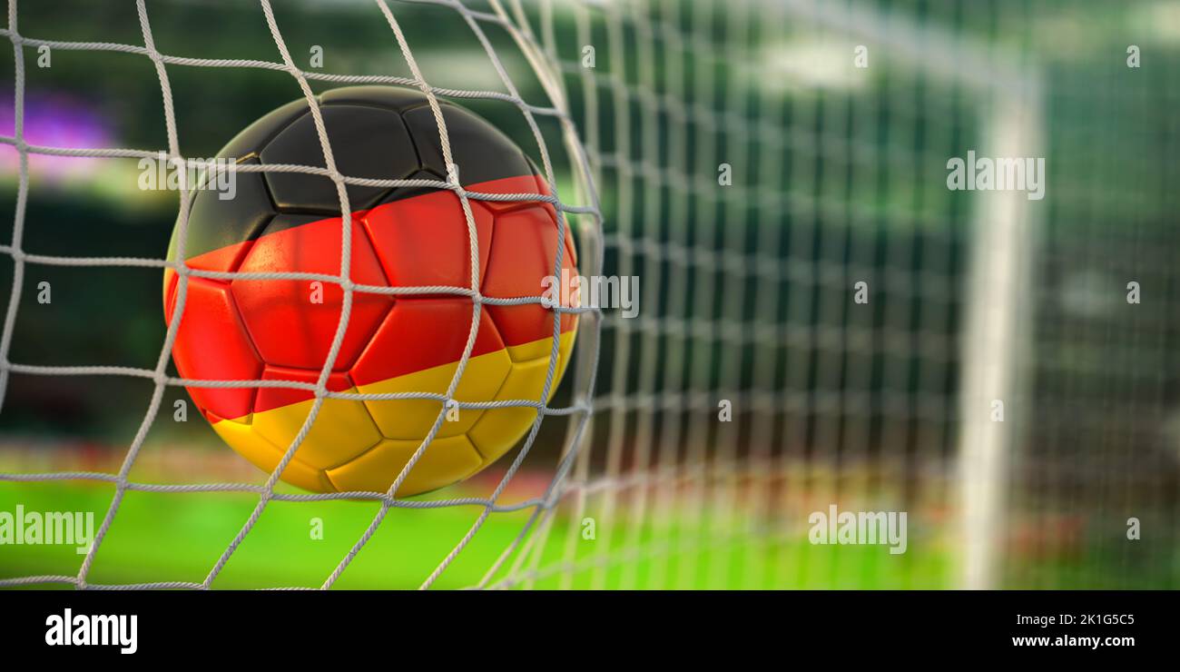 Football ball with flag of Germany in the net of goal of football stadium. Football championship of Germany concept. 3d illustration Stock Photo