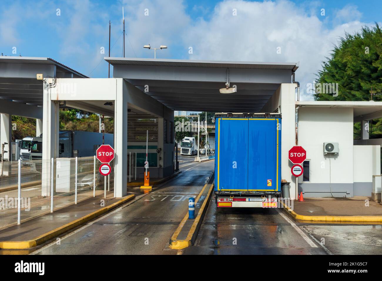 Truck in a customs control at the exit of the port of Algeciras. Stock Photo
