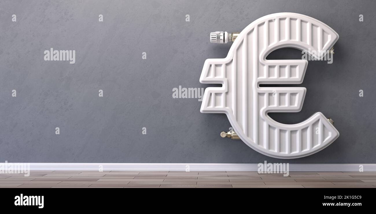 Heating radiator in form of euro sign.  Energy crisis, energy efficiency and rising heating costs in Europe concept. 3d illustration Stock Photo