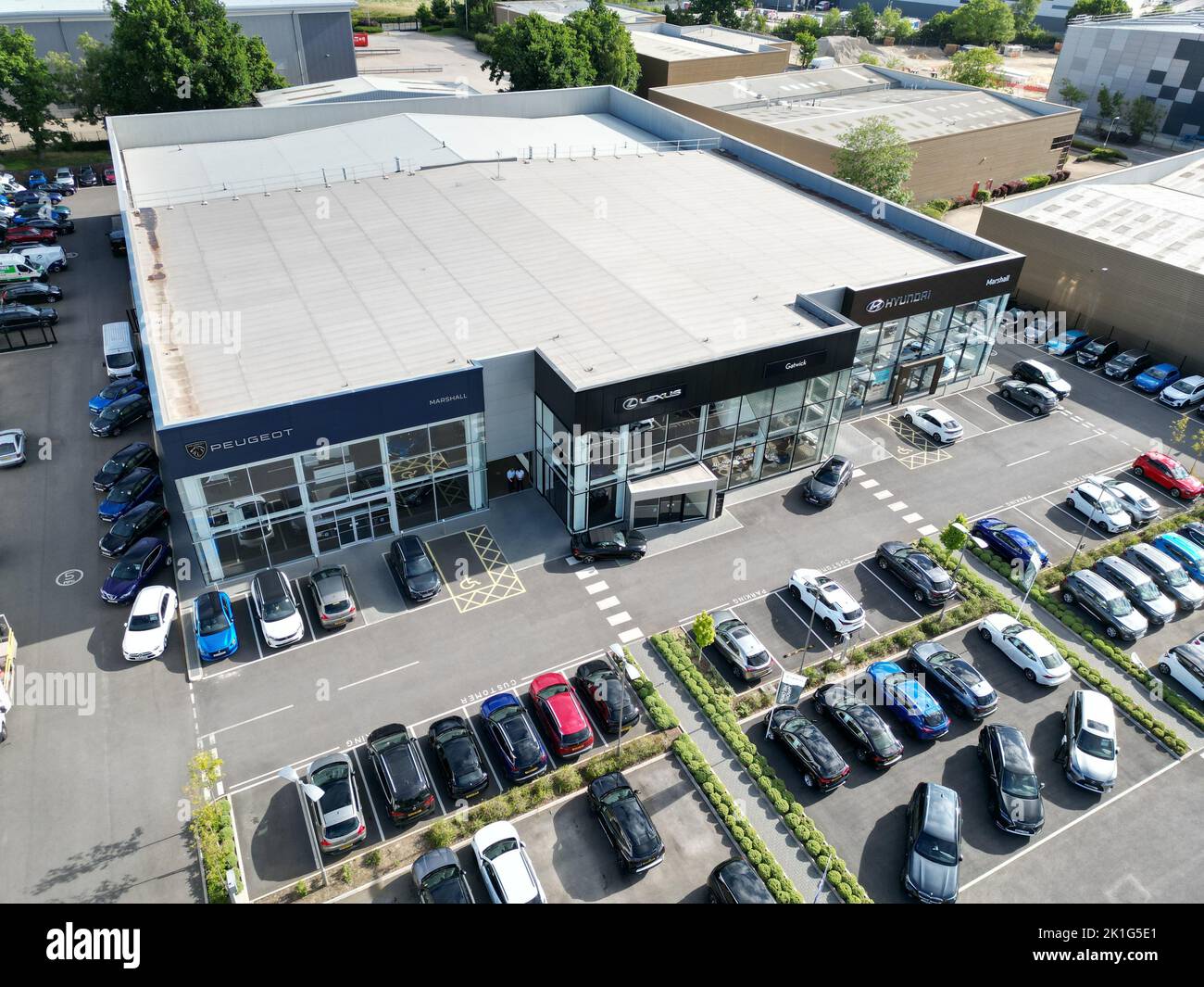 Aerial view of business estate and park for new car showroom, UK Stock Photo