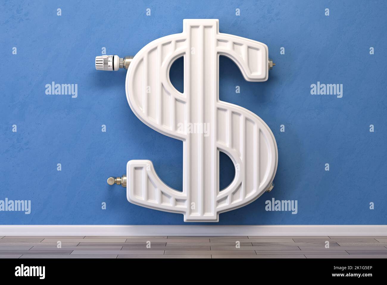 Heating radiator in form of dollar sign.  Energy crisis, energy efficiency and rising heating costs in USA concept. 3d illustration Stock Photo