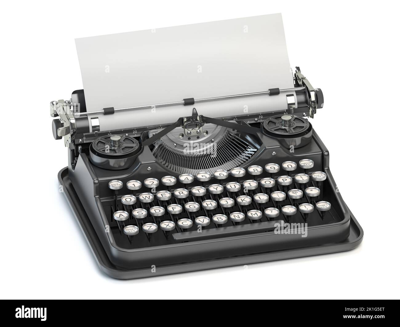 Vintage typewriter with blank sheet isolated on white. 3d illustration Stock Photo