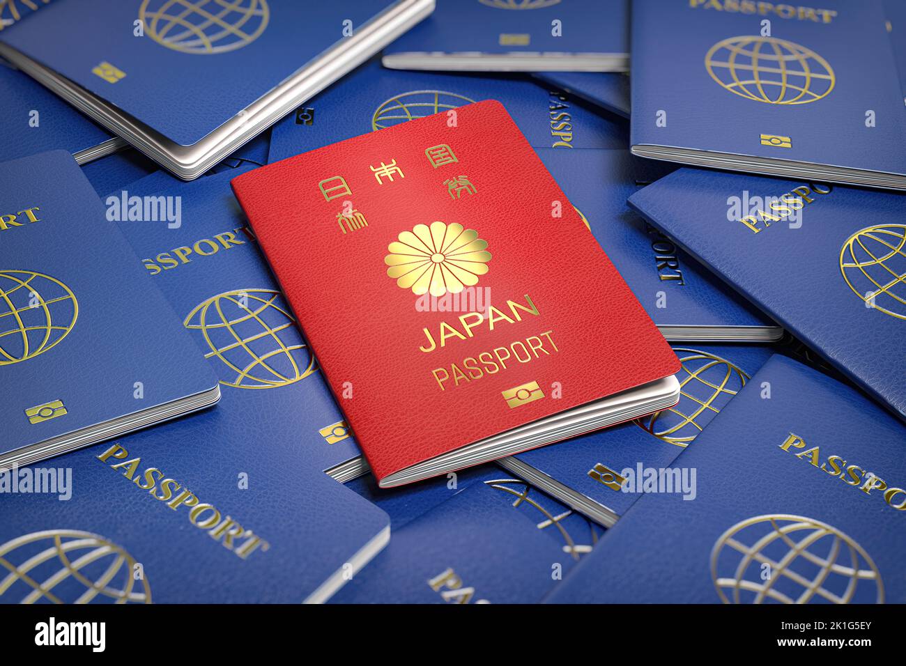 Passport of Japan on the pile of passports of other countries. Immigration, citizenship, travel and tourism concept. 3d illustration Stock Photo