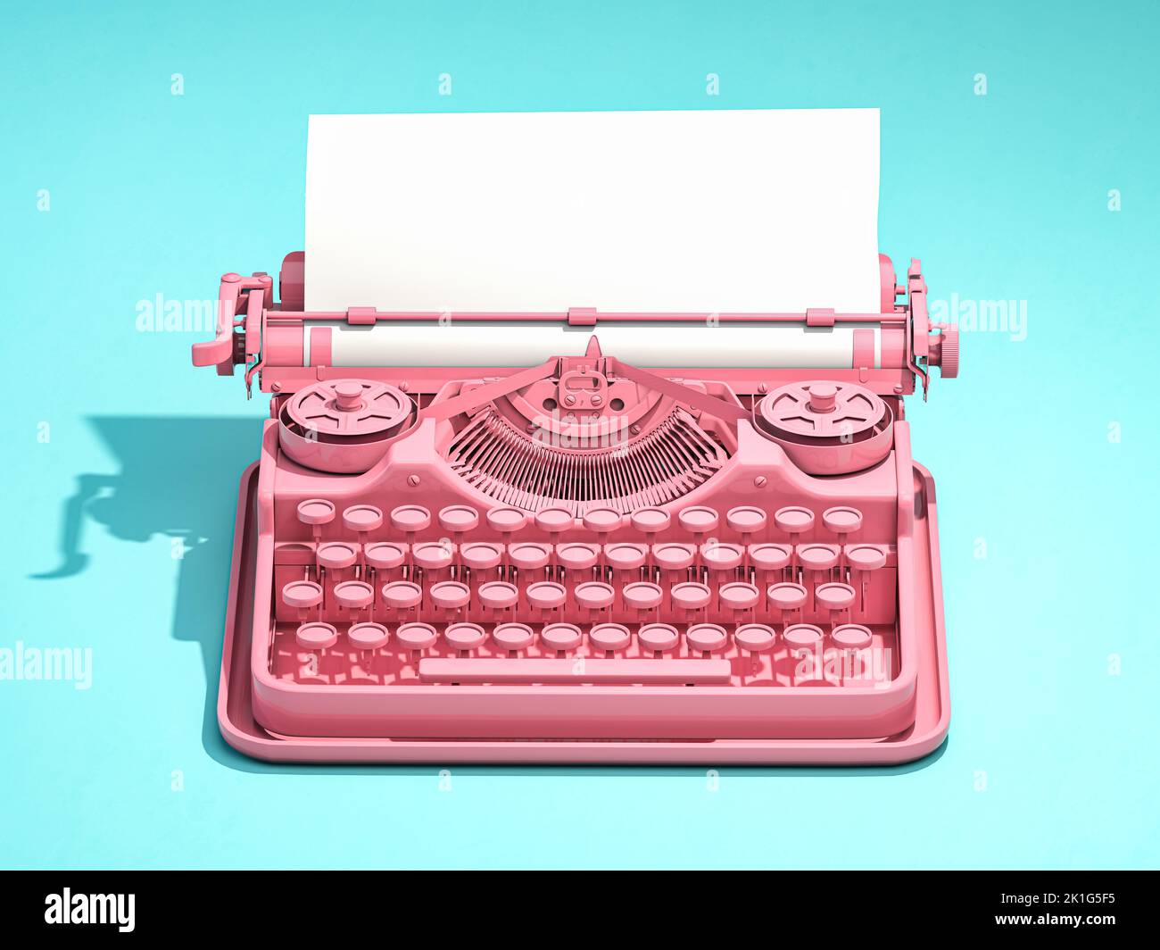 Vintage pink typewriter on blue background with space for text. 3d illustration Stock Photo