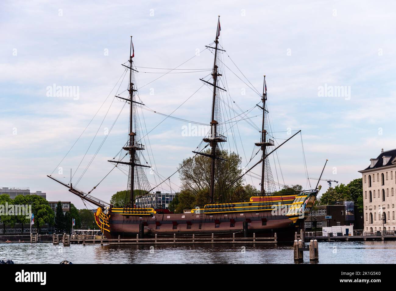 Amsterdam, Netherlands - May 6, 2022: The ship replica in front of the National Maritime Museum Stock Photo