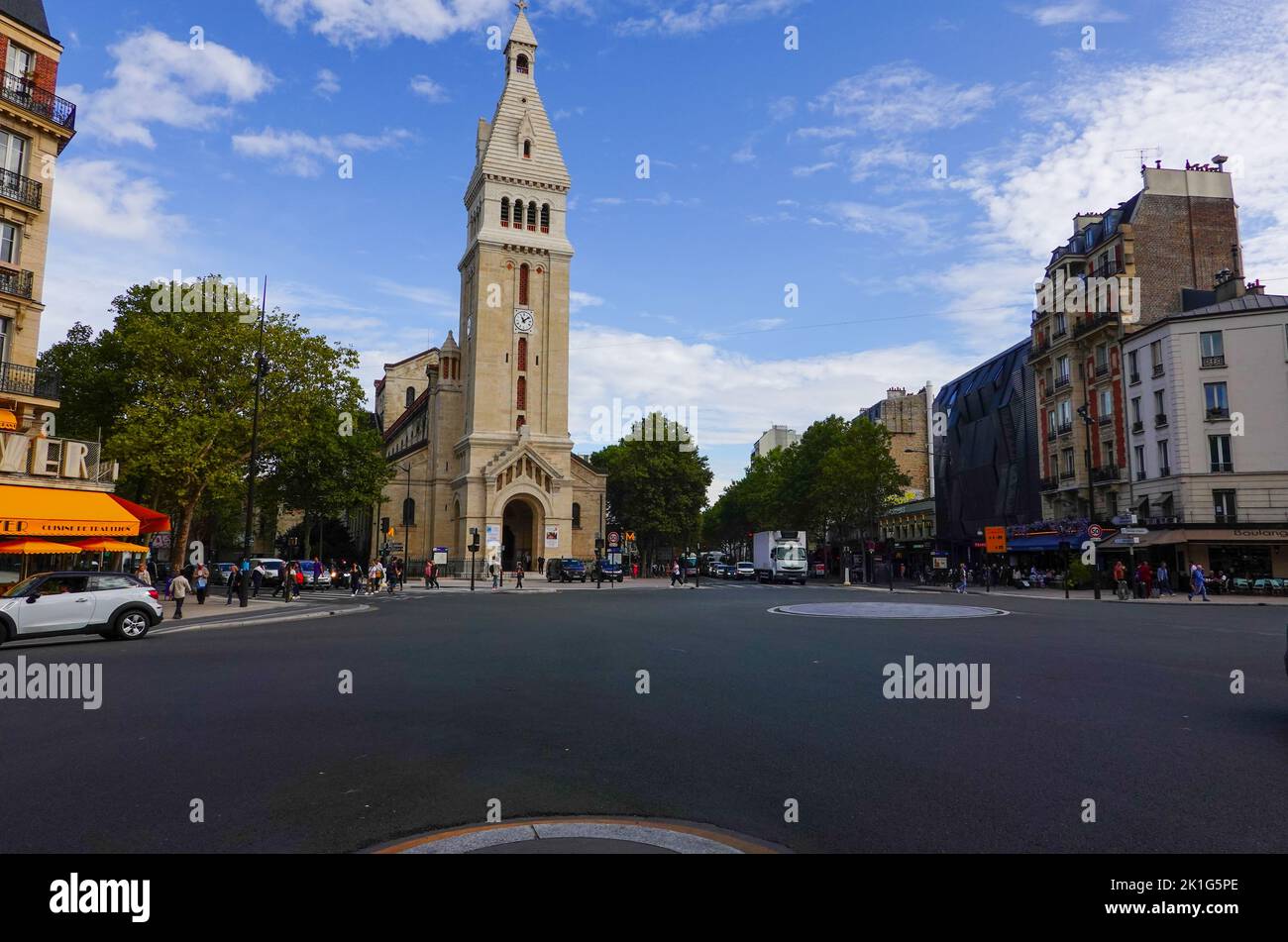Saint Pierre de Montrogue church at Alesia, Place Victor and Helene Bausch, in the 14th arrondissement, Paris, France Stock Photo