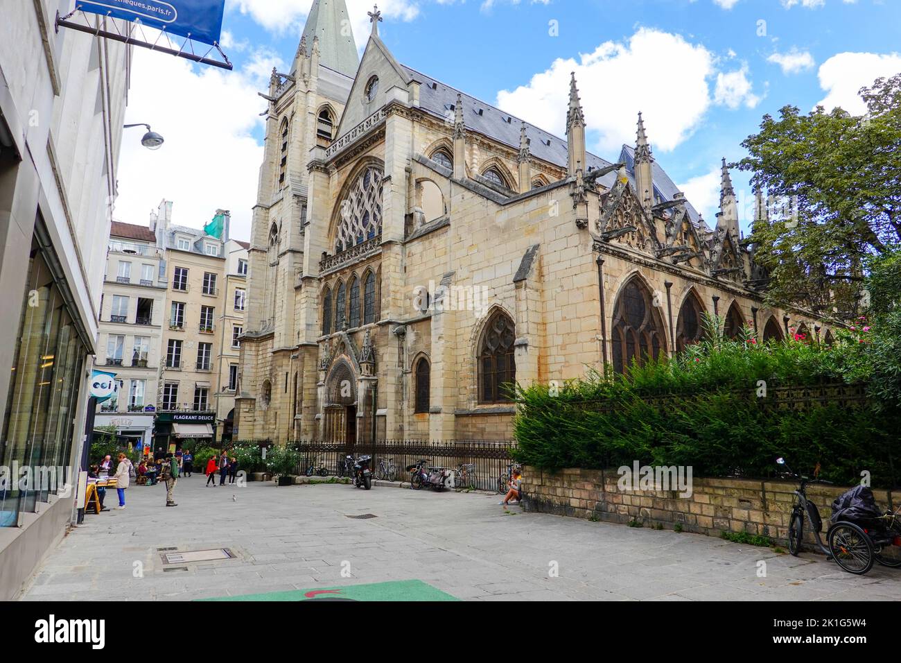 The Church of Saint-Séverin is a Roman Catholic church in the 5th arrondissement, or Latin Quarter of Paris, FR, on a now heavily touristed street. Stock Photo