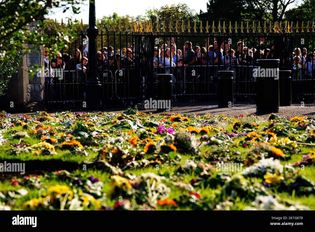Floral tributes from members of the public are laid outside Windsor Castle onto Cambridge Drive, near the Long Walk, Windsor, ahead of the funeral of Queen Elizabeth II on Monday. Picture date: Saturday September 17, 2022. Victoria Jones/PA Wire Stock Photo