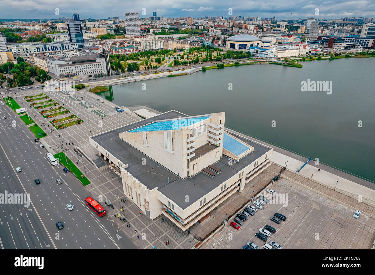 Aerial top view of Kazan, Russia. View of Lake Kaban and Kamal Theatre