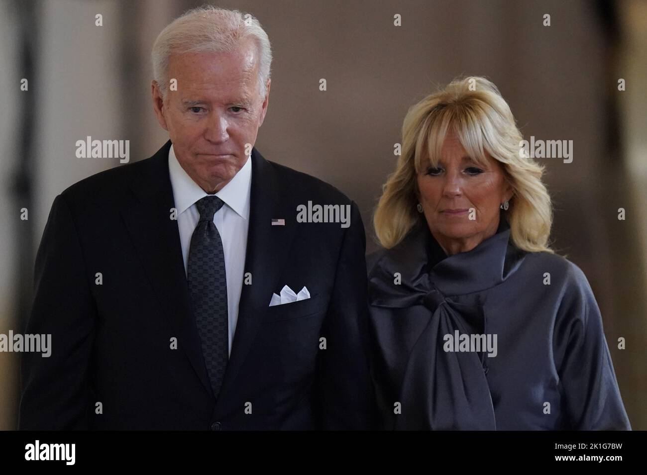 US President Joe Biden and First Lady Jill Biden view the coffin of Queen Elizabeth II, lying in state on the catafalque in Westminster Hall, at the Palace of Westminster, London. Picture date: Sunday September 18, 2022. Stock Photo