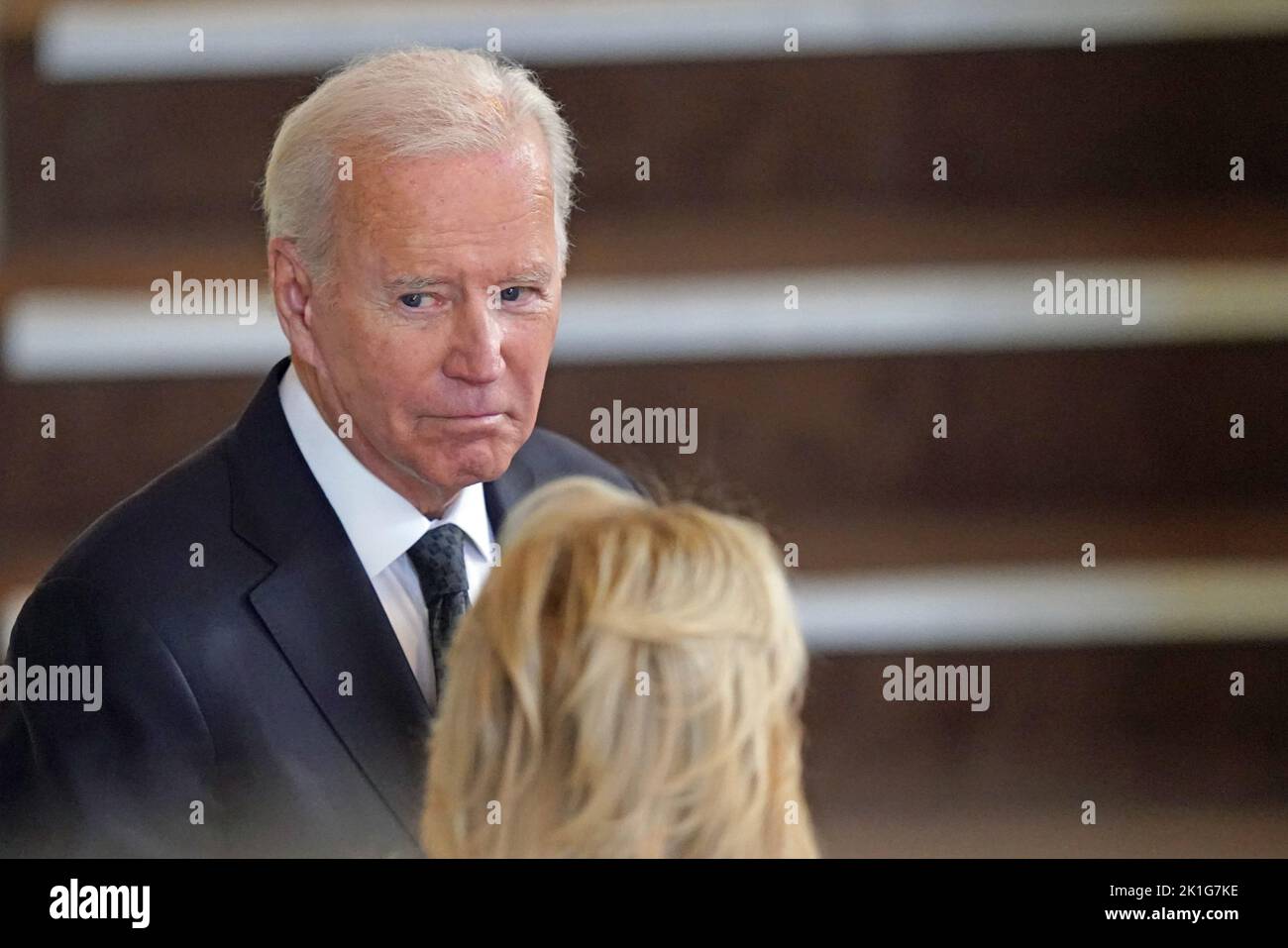 US President Joe Biden and First Lady Jill Biden view the coffin of Queen Elizabeth II, lying in state on the catafalque in Westminster Hall, at the Palace of Westminster, London, ahead of her funeral on Monday. Picture date: Sunday September 18, 2022. Stock Photo