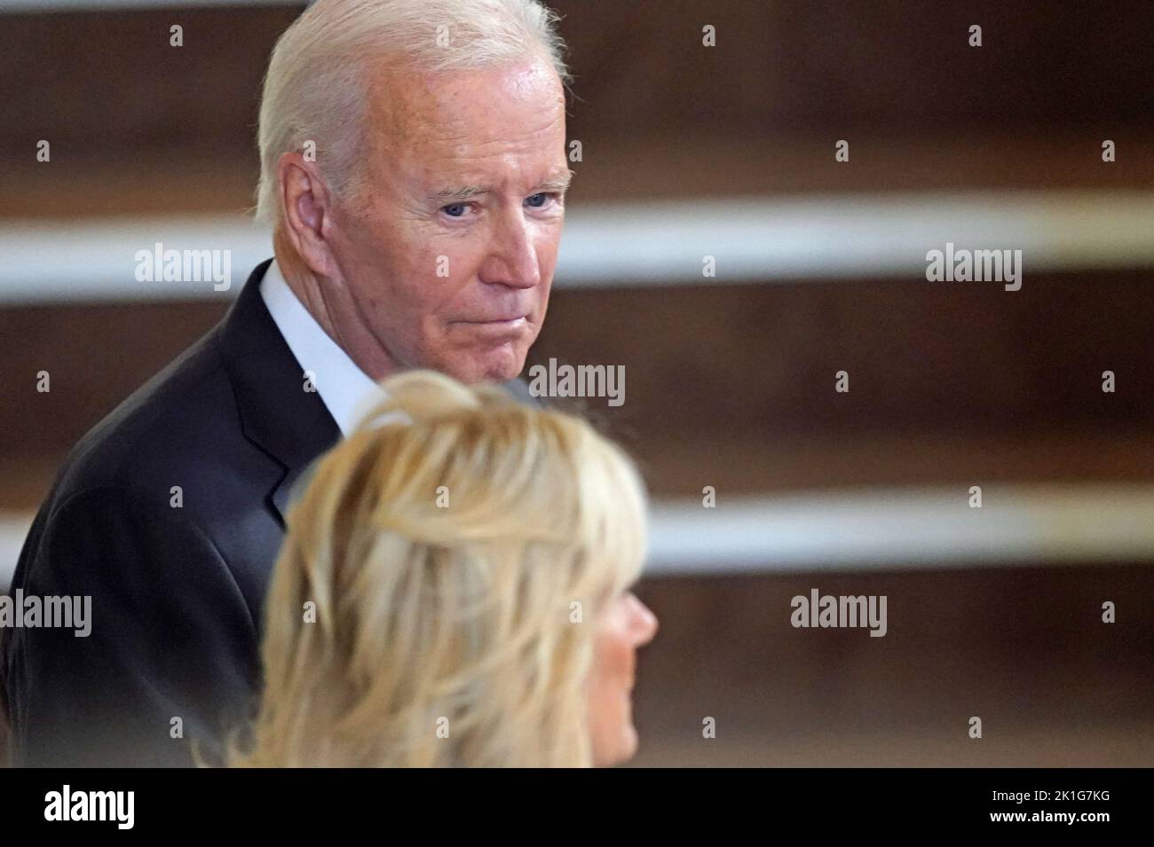 US President Joe Biden and First Lady Jill Biden view the coffin of