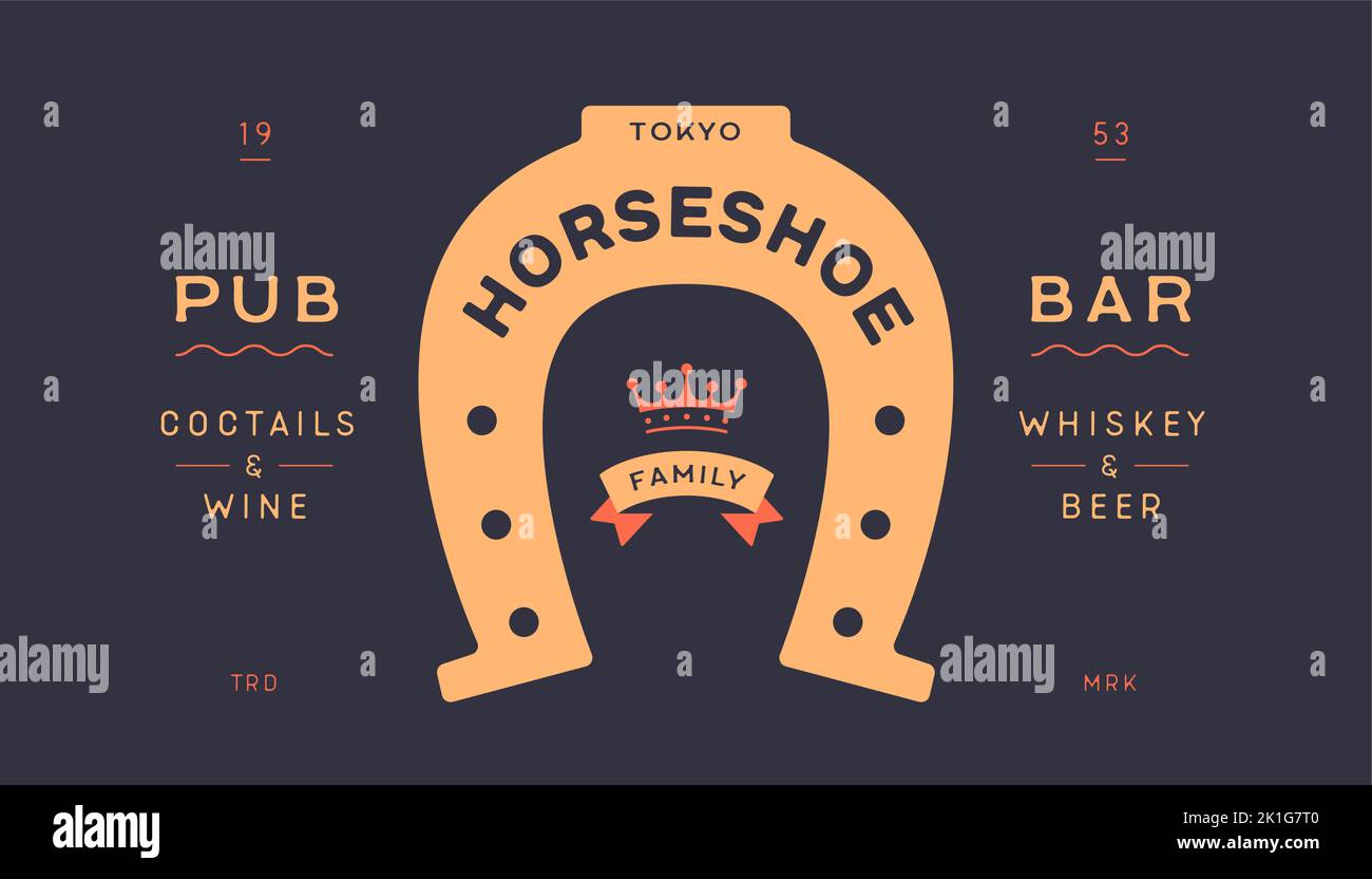 Logo lucky horseshoe. Text Horseshoe, Pub, Bar, gold horseshoe, graphic