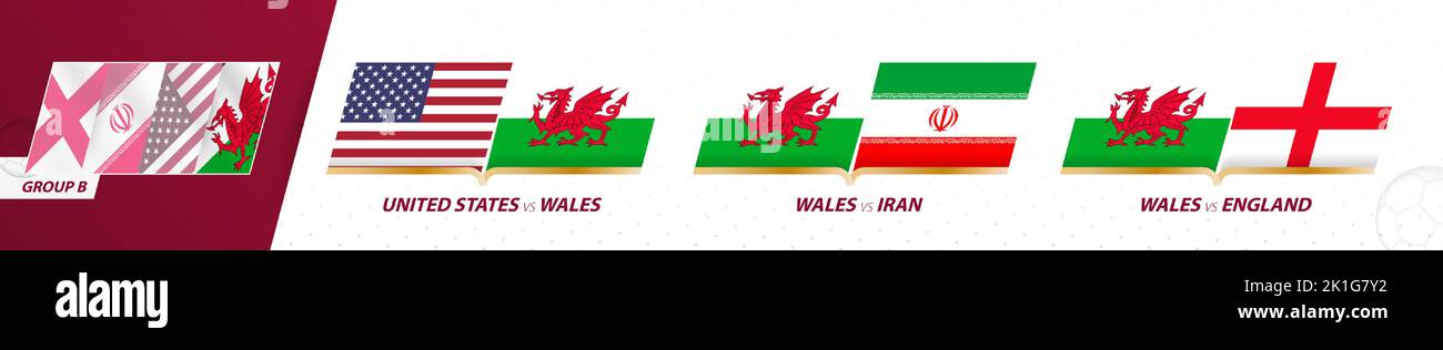 Wales football team games in group B of International football tournament 2022. Sport vector icon set. Stock Vector